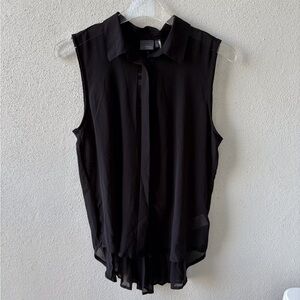 Sparkle & Fade Sheer Sleeveless Button up Pleated Black Top Hi Low Hem Goth